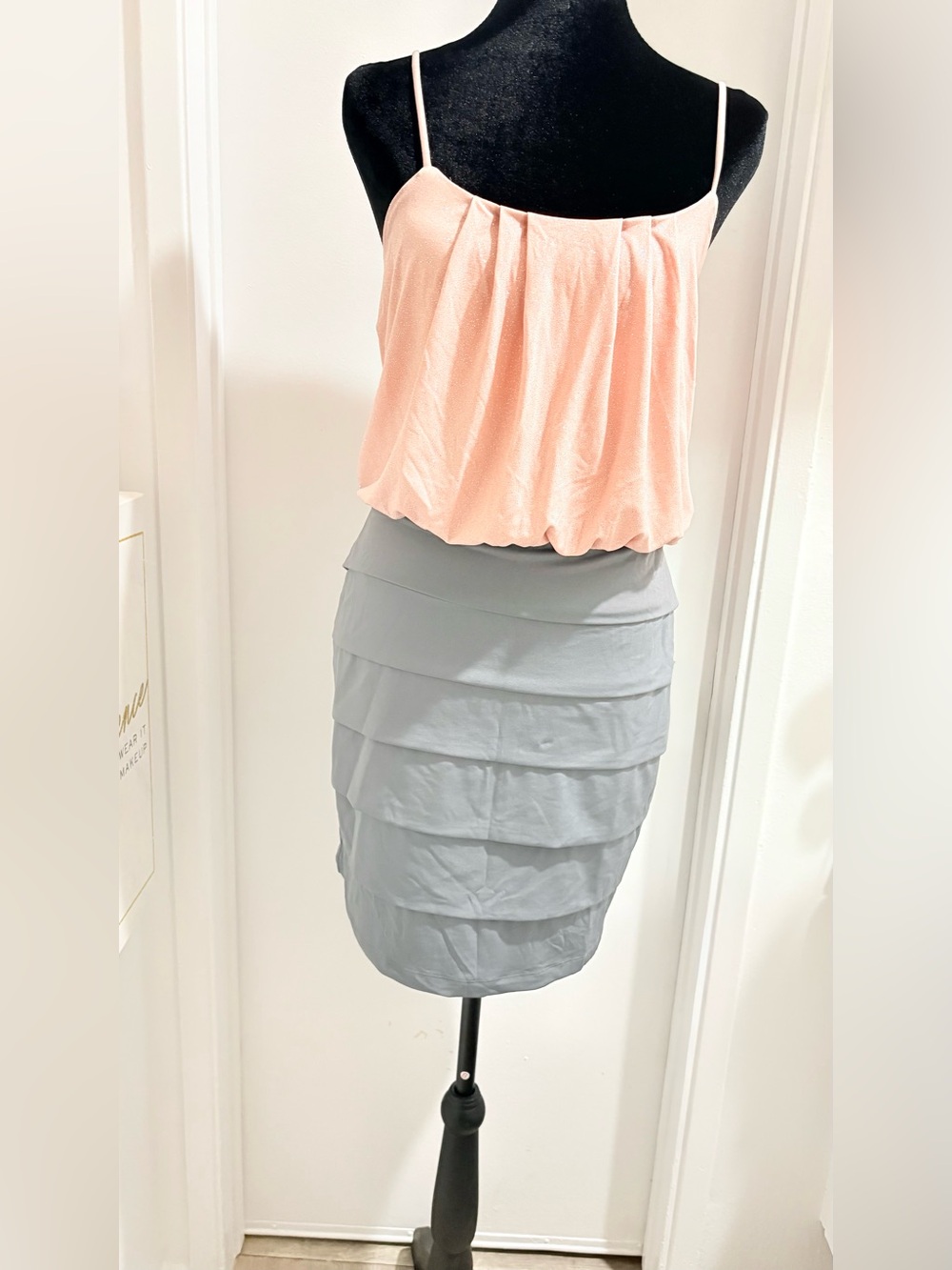 NWOT Sweet Storm Peach with Light Gray Tiered Mini Dress